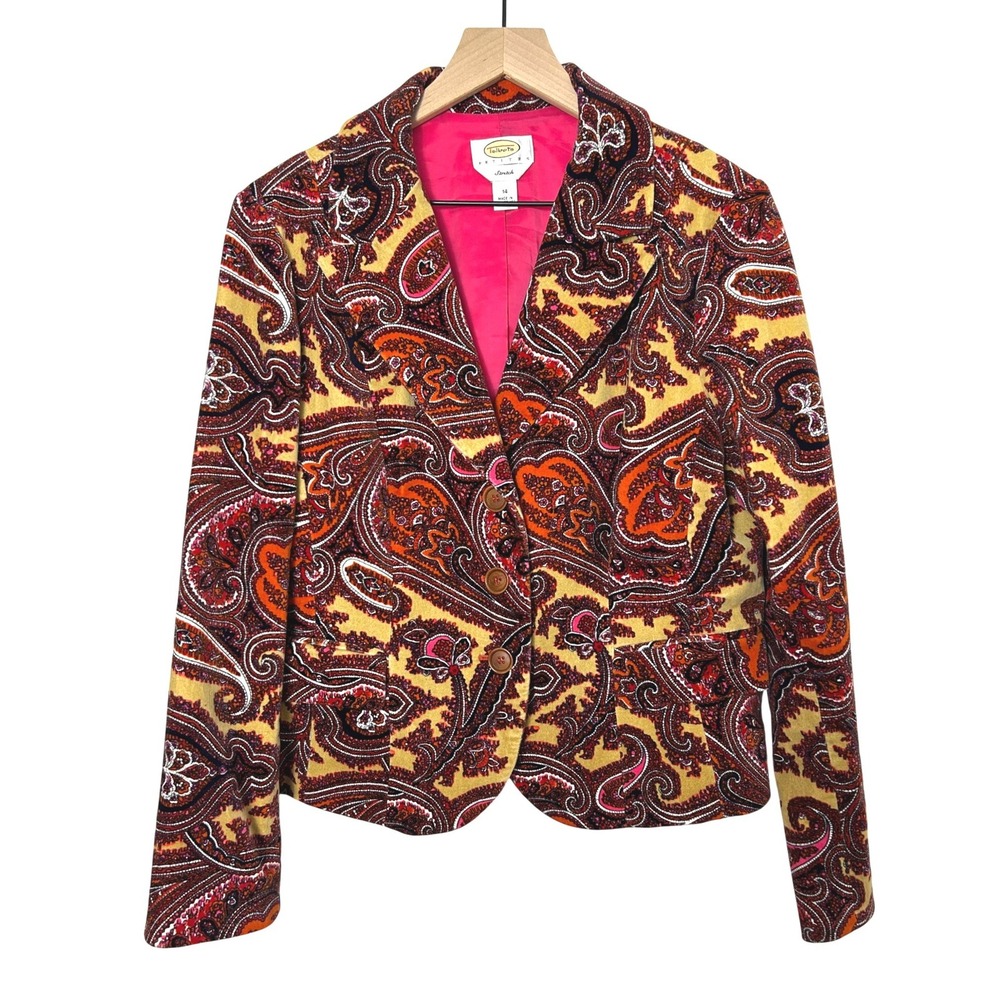 VTG Talbots Blazer Women 14P Orange Paisley Velvet art teacher maximalist retro